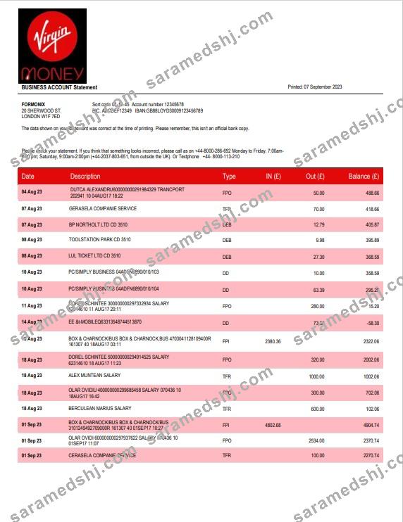 Virgin Money Bank firm account statement Word and PDF template
